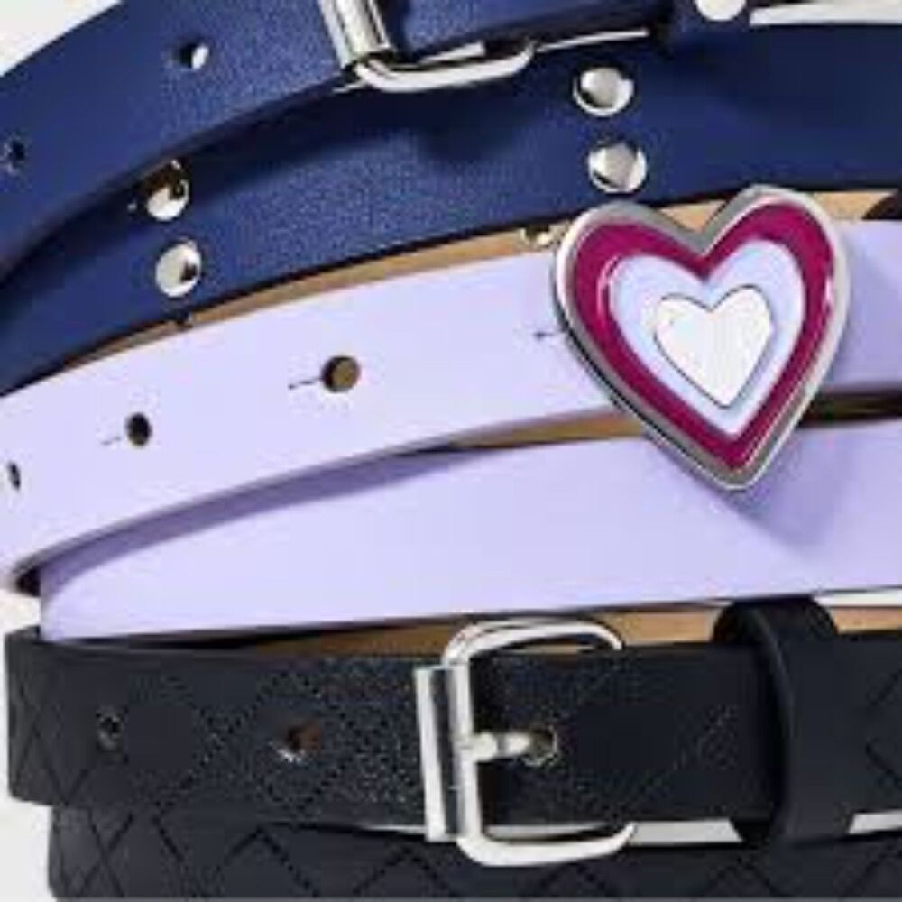 Cat & Jack Blue/Purple/Black Girls 3pk Heart Buckle Studded Embossed Belt Set XL